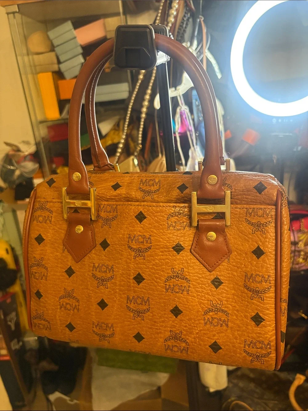 MCM Cognac Brown Visetos Monogram Satchel